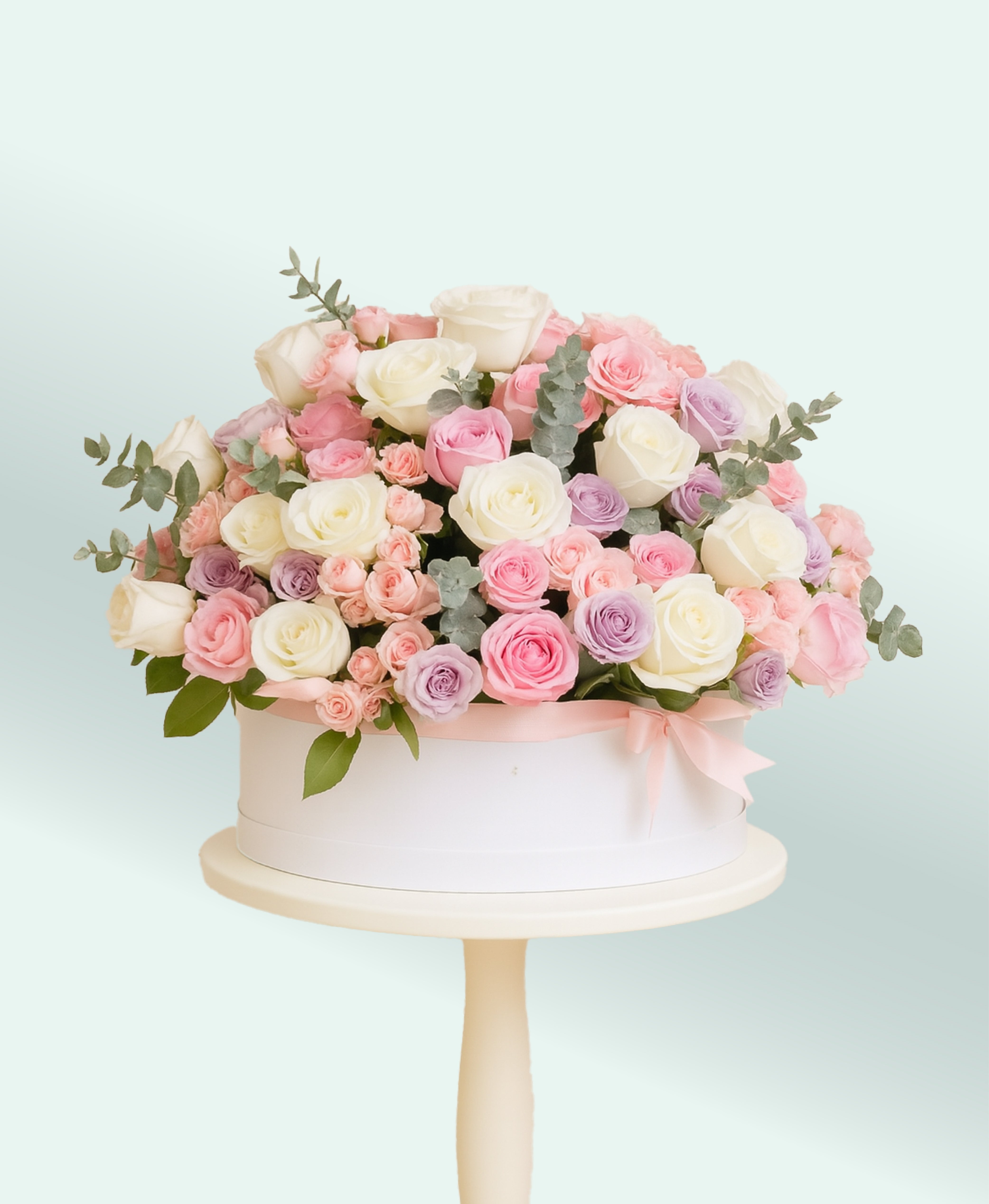 Pastel Elegance Bloom Box – White, Pink & Lavender Roses with Eucalyptus